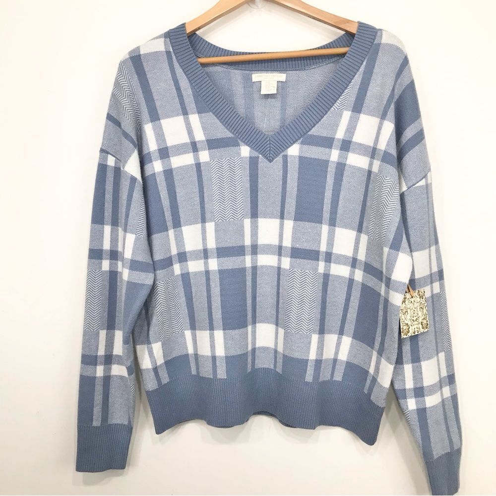 Christian Siriano New York Light Blue White Plaid V Neck Pullover Sweater NEW